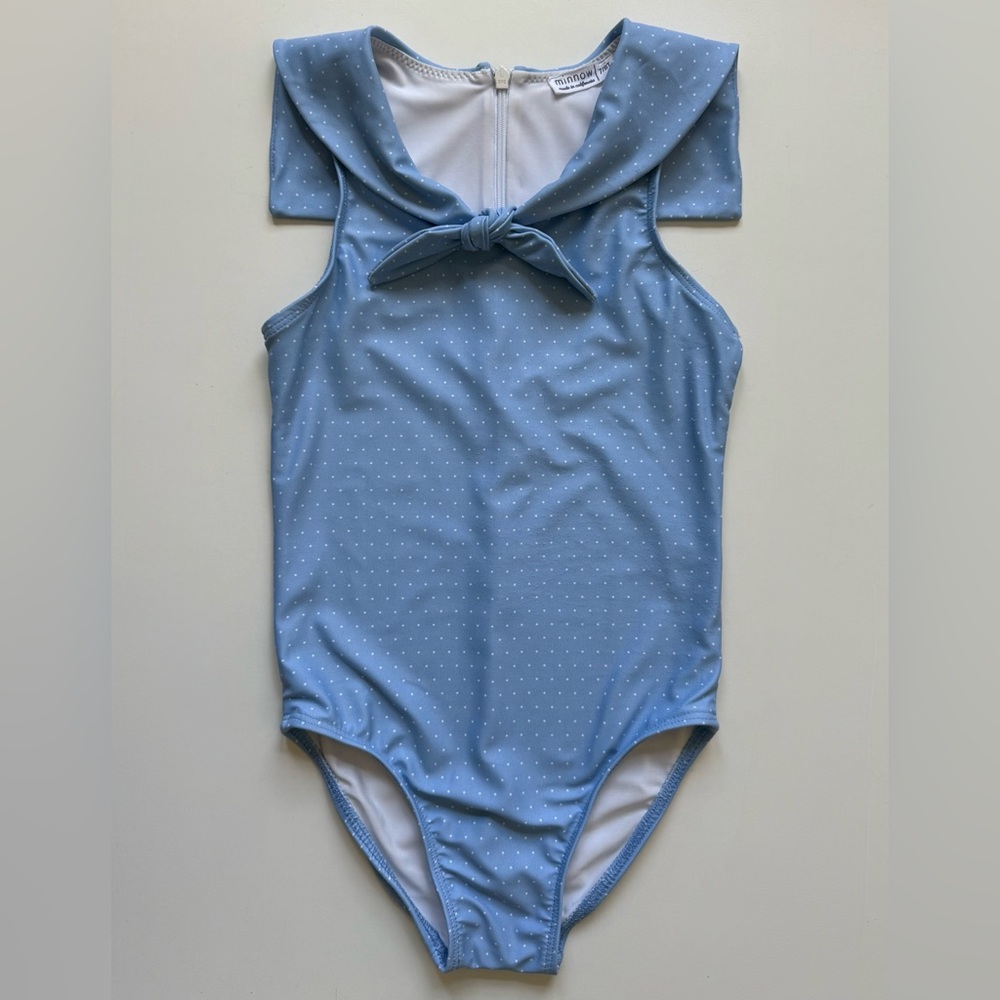 Minnow Girl's Mulberry Blue Dot Sailor One-Piece Swimsuit - Size 7/8T